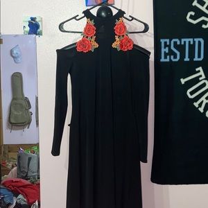 Rose embroidered sleek black dress
